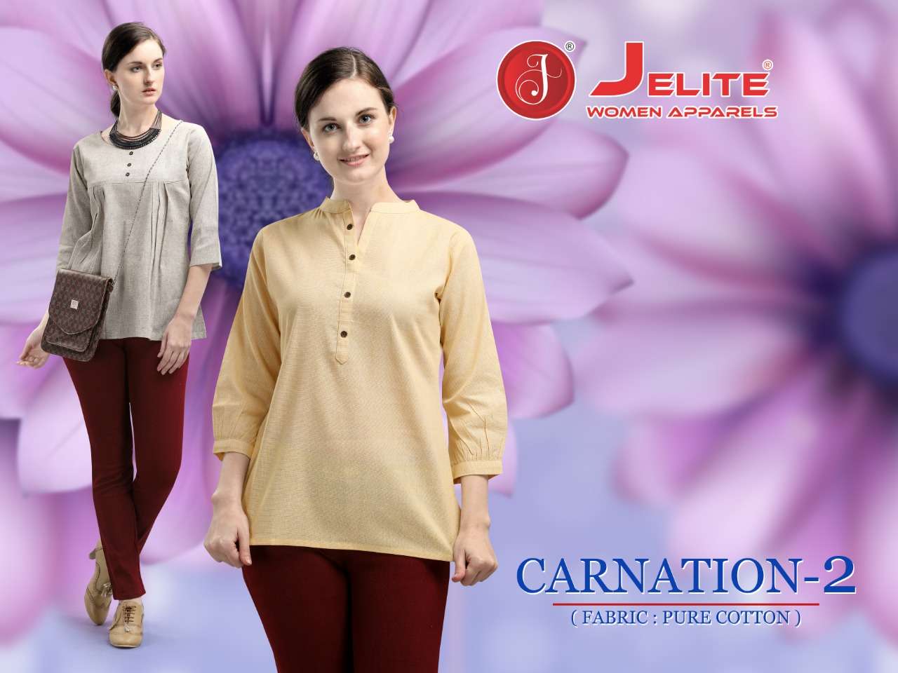 JELITE PRESENTS CARNATION-2 PURE COTTON SOLID DESIGNER TOPS COLLECTION
